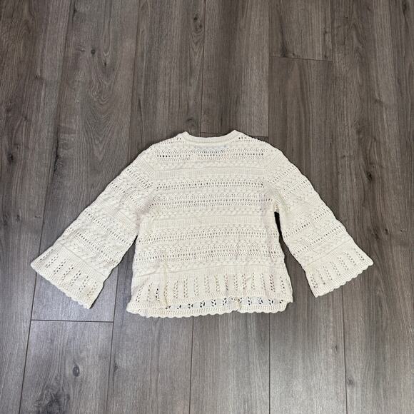 Madewell Scalloped-Trim Sweater Tee Sz XS Sand Crewneck Crop Open Knit Pullover - Picture 7 of 9